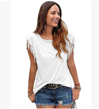 Big size round neck short sleeve cuffs tassel T-shirt
