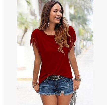 Big size round neck short sleeve cuffs tassel T-shirt
