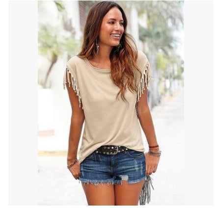 Big size round neck short sleeve cuffs tassel T-shirt