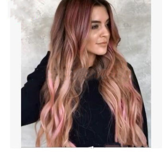 Brown Pink Big Wave Long CHuman Hair Wigs