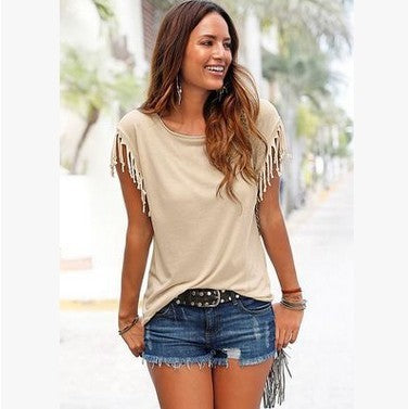 Big size round neck short sleeve cuffs tassel T-shirt