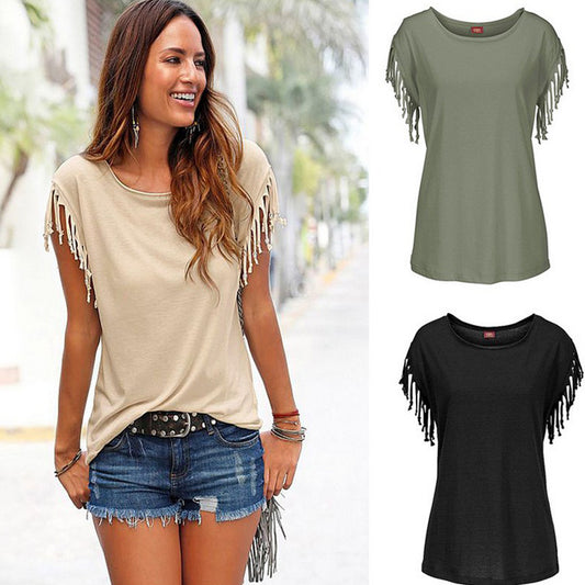 Big size round neck short sleeve cuffs tassel T-shirt