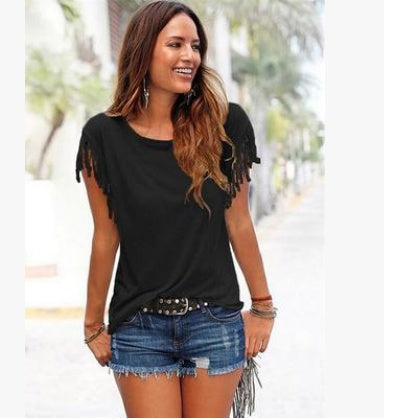 Big size round neck short sleeve cuffs tassel T-shirt