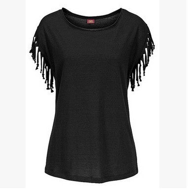 Big size round neck short sleeve cuffs tassel T-shirt